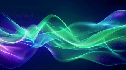 Fototapeta premium Abstract glowing waves with particles in purple, blue, and green colors against a dark background.