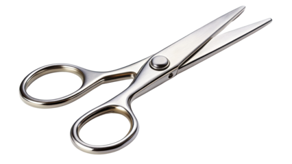 A pair of shiny silver stainless steel scissors isolated on a transparent background