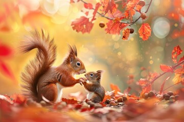 Two adorable squirrels bonding in a vibrant autumn forest, surrounded by colorful leaves and a warm, magical atmosphere.