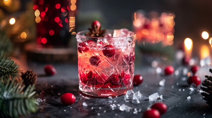Celebrate the holiday season with a festive cocktail featuring vodka and iced cranberries, garnished with fir branches and a glowing garland for Christmas. 