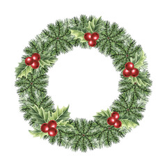 Christmas wreath of spruce branches with holly leaves and red berries. Round frame of pine sprigs. New Year's decoration. Hand drawn watercolor illustration isolated. Template for card, invitation.