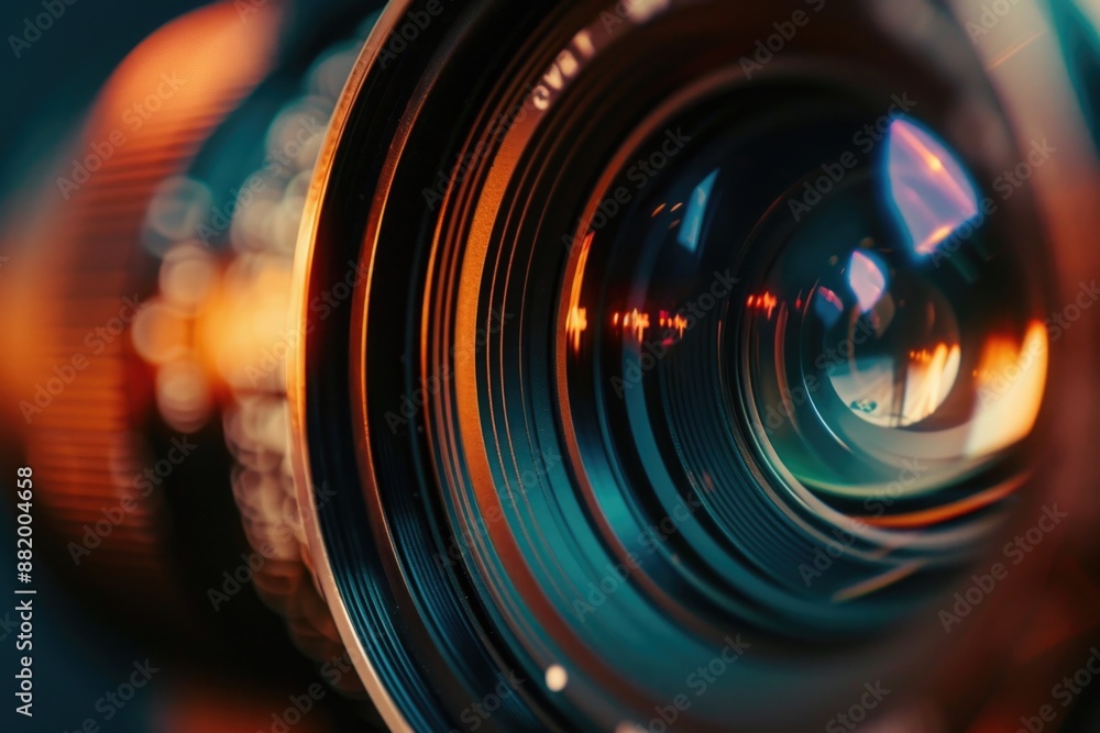 Poster a close-up shot of a camera lens with intricate details and textures