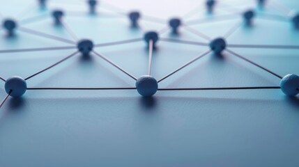 Connected dots forming network structure with copy space, focus on all objects, deep depth of field.