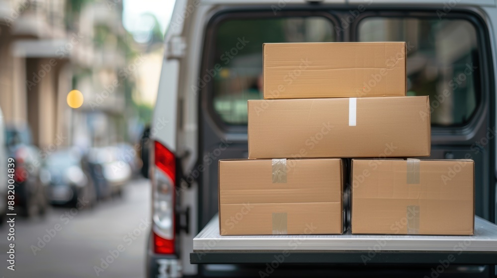 Poster urban courier van loaded with packages ready for dispatch, efficient delivery, ample copy space, dee