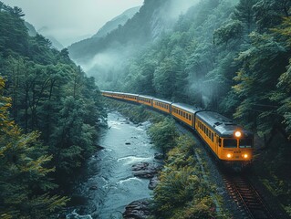 Eco-friendly bullet train speeding through picturesque nature, highlighting green public transport