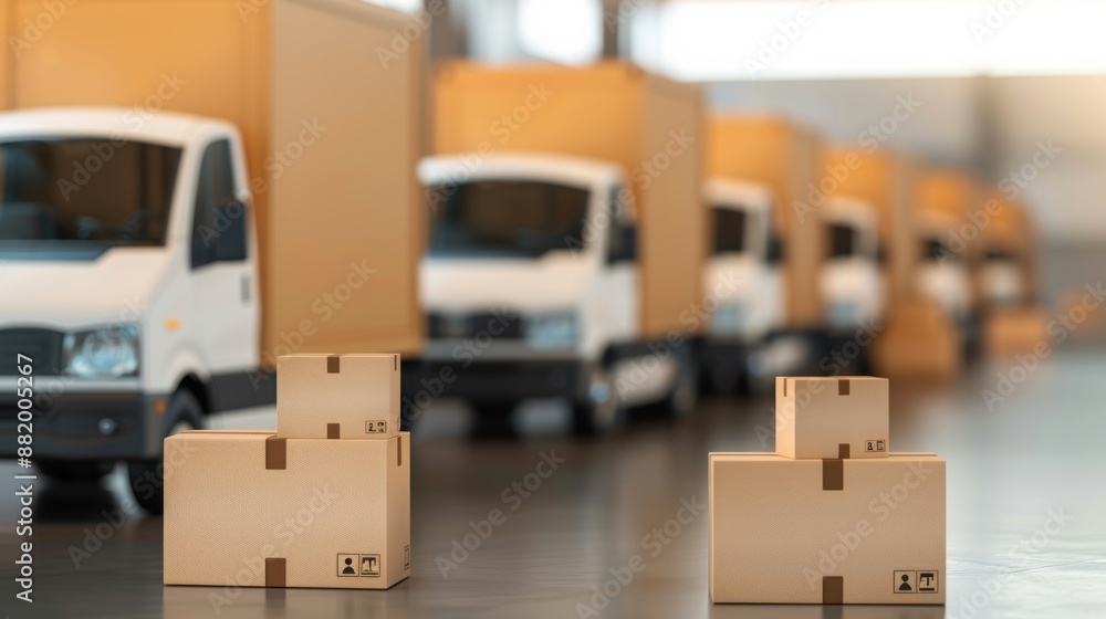 Poster delivery fleet with dispatch signals and package icons, coordinated delivery, copy space, focus on o