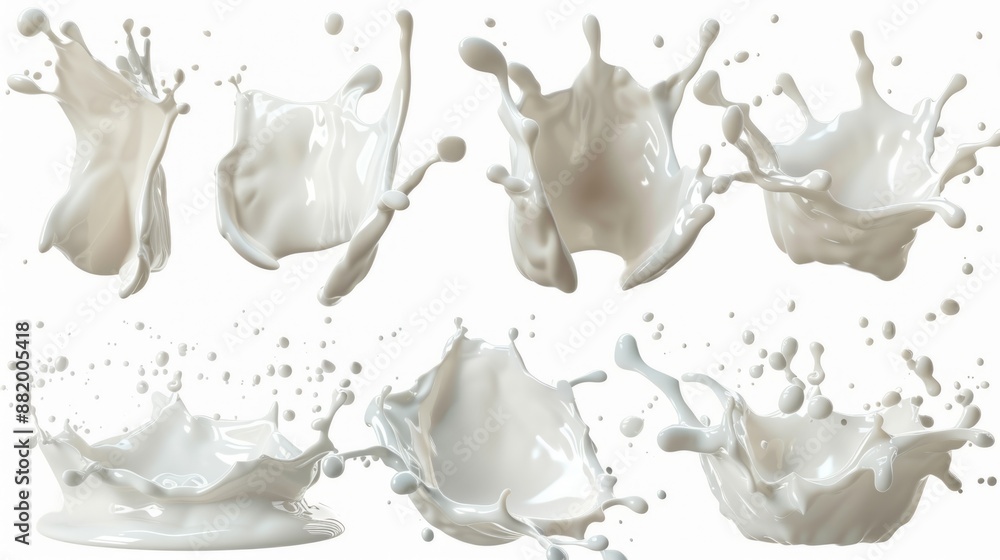Poster various stages of milk splashes with different textures and effects