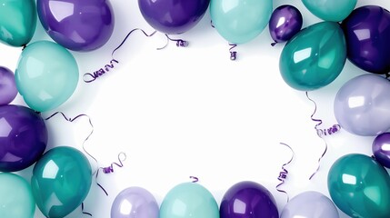 Colorful purple and teal balloons with shiny surfaces and ribbons on a white background