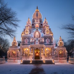 Obraz premium An ornate temple with glowing lights and grand staircase, set in a serene winter landscape with snow-covered trees and clear sky. A cultural marvel in Asia with intricate architecture.