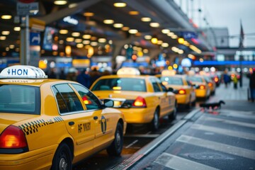 Fototapeta premium Yellow Taxi Cabs Parked at Airport Terminal