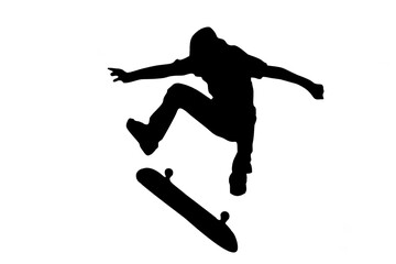 vector illustration of silhouette of male jumping skateboarder.​ extreme street sport. Skateboarding tricks vector icon. isolated on white background. Skater black silhouettes. black flat icons.