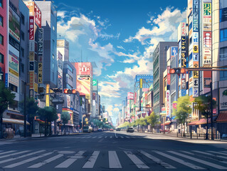 anime background illsutration, atmosphere of a empty street in the middle of a beautiful city
