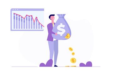 Money leaking concept. An unexpected stock market drop leading to money loss, capital devaluation, and risky investments, all contributing to a bad economy. Vector illustration.