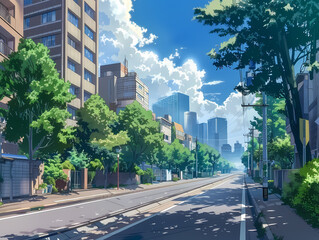 Obraz premium anime background illsutration, atmosphere of a empty street in the middle of a beautiful city