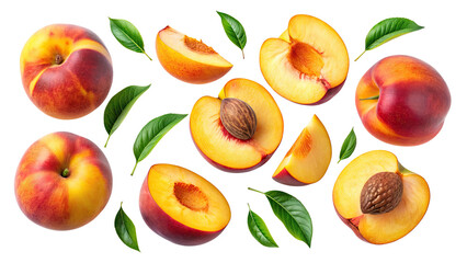 Flying pieces of ripe peaches isolated on a transparent background