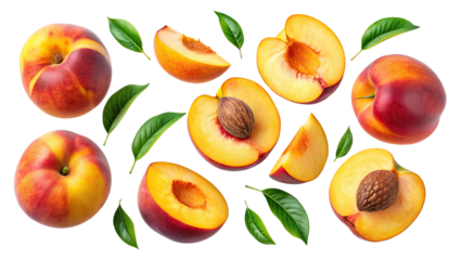 Flying pieces of ripe peaches isolated on a transparent background