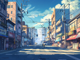 anime background illsutration, atmosphere of a empty street in the middle of a beautiful city