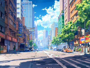 Obraz premium anime background illsutration, atmosphere of a empty street in the middle of a beautiful city