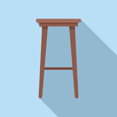 Simple wooden bar stool is standing on a blue background, casting a long shadow