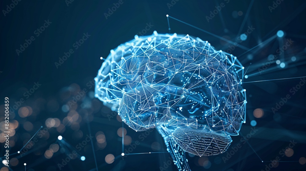 Poster an abstract representation of a human brain with digital elements, symbolizing the integration of ai