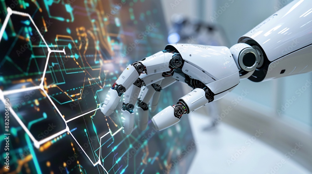 Poster a close-up of a robotic hand interacting with a digital interface, representing the synergy between 