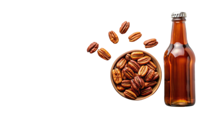 Pecans with a nippy soda in a glass bottle isolated on a transparent background