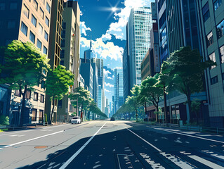 anime background illsutration, atmosphere of a empty street in the middle of a beautiful city