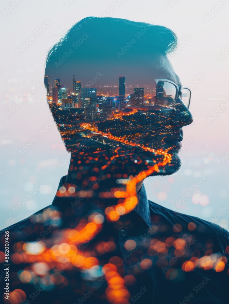 Poster double exposure of manager and digital map with drop points, travel concept, logistics, copy space, 