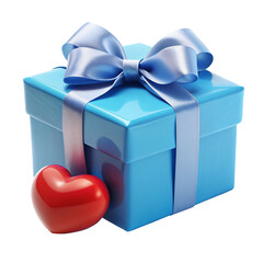 Naklejka premium Blue gift box with red heart on left side, birthday celebration surprise special