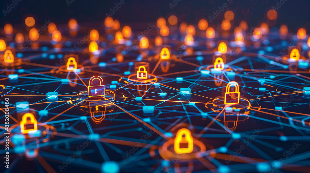 Poster a digital representation of a secure network with glowing locks and interconnected nodes, symbolizin