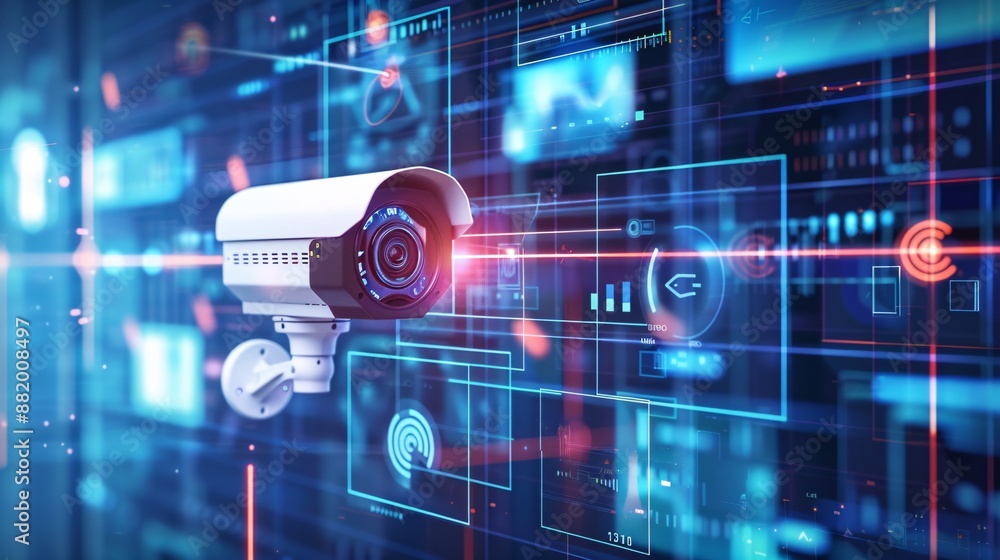 Poster a graphic of a surveillance system detecting and blocking spyware, highlighting advanced cybersecuri