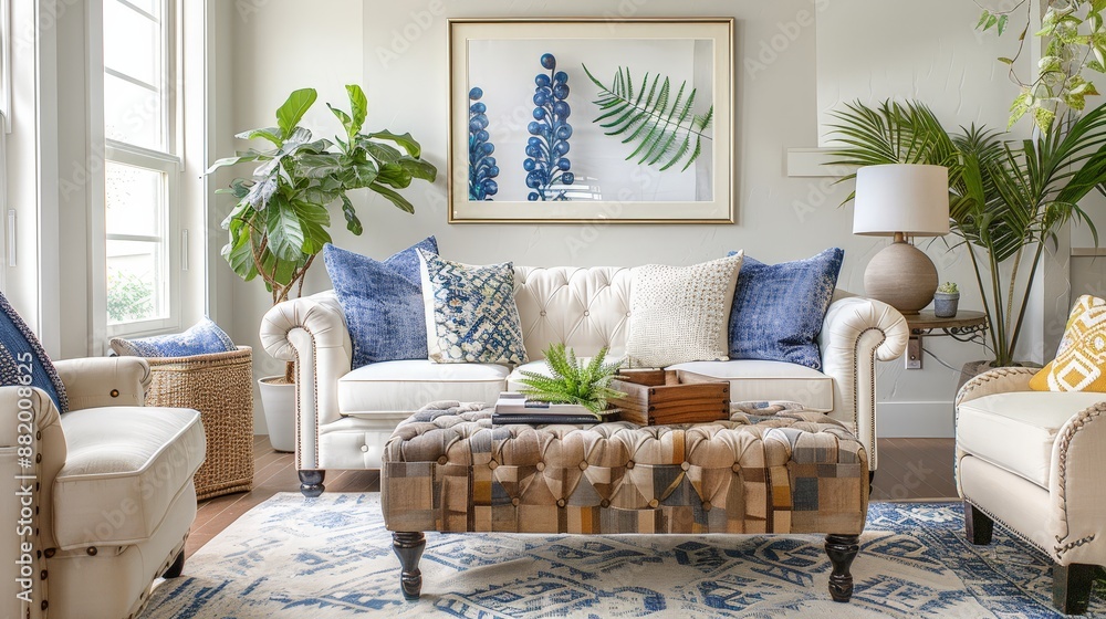 Poster explain how to mix and match patterns and textures in living room decor.