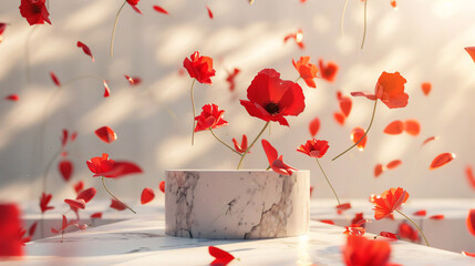 Red flower petals in breeze, marble pedestal in garden