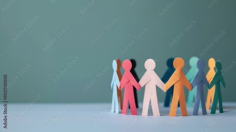 Poster hand-drawn paper figures collaborating on project with copy space, teamwork, creative unity, deep de