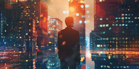 Double exposure of businessman standing in front of digital city background