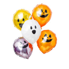 Obraz premium Colorful Halloween-themed balloons with ghost and pumpkin faces, perfect for festive decorations and spooky celebrations.