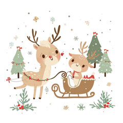 Fototapeta premium Cute Christmas illustration of reindeer with a sleigh and decorated trees, perfect for holiday-themed designs and cards.