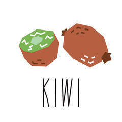 Kiwi cartoon illustration and text isolated on white. Tropical fruits. Kiwi whole and slice geometric logo, print, design.