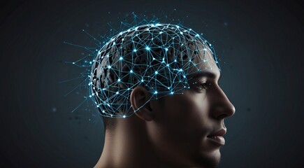 Obraz premium Digital brain network with glowing blue connections on a male head, representing artificial intelligence, machine learning, and innovative technology concepts for modern business and science