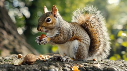 Adorable Squirrel Enjoying a Nut with Soft Fluffy Fur in Natural Setting