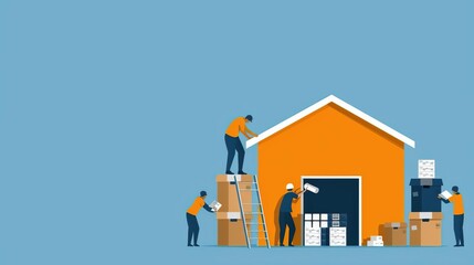 Diverse volunteers, building shelter in disaster area, flat design illustration