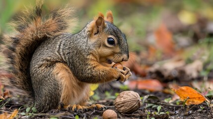 Obraz premium Cute Squirrel Enjoying a Nut with Soft Fluffy Fur in Natural Habitat