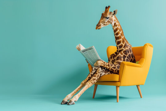 A giraffe sits in a bright yellow chair with a newspaper in his hands reading the news against a blue wall. The concept of curiosity and intelligence. The scene is lighthearted and funny. Copy space