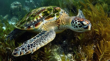 Fototapeta premium Serene Sea Turtle: Majestic marine creature leisurely swimming near ocean floor, adorned with vibrant algae-covered shell.