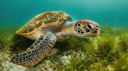 Fototapeta premium Majestic Sea Turtle Gliding Through Algae-Covered Ocean Floor