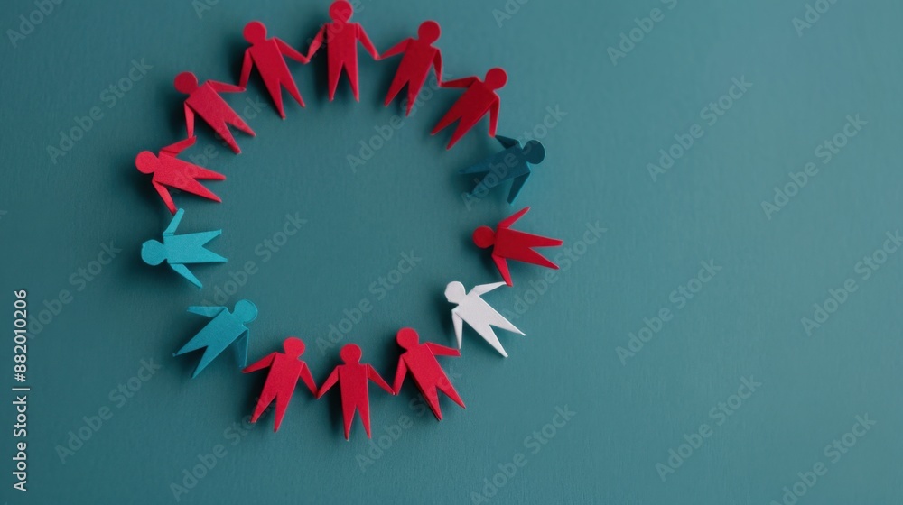 Poster teamwork concept with paper dolls in a circle, emphasizing support and collaboration, suitable for t