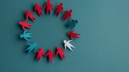 Teamwork concept with paper dolls in a circle, emphasizing support and collaboration, suitable for text overlay, depth of field.