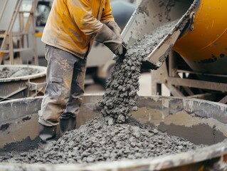 Cement plant worker mixing concrete, durable cement industry