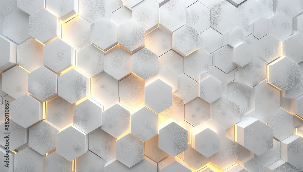 Poster 3d rendering of a white abstract background with a hexagon pattern and glowing light in the style of