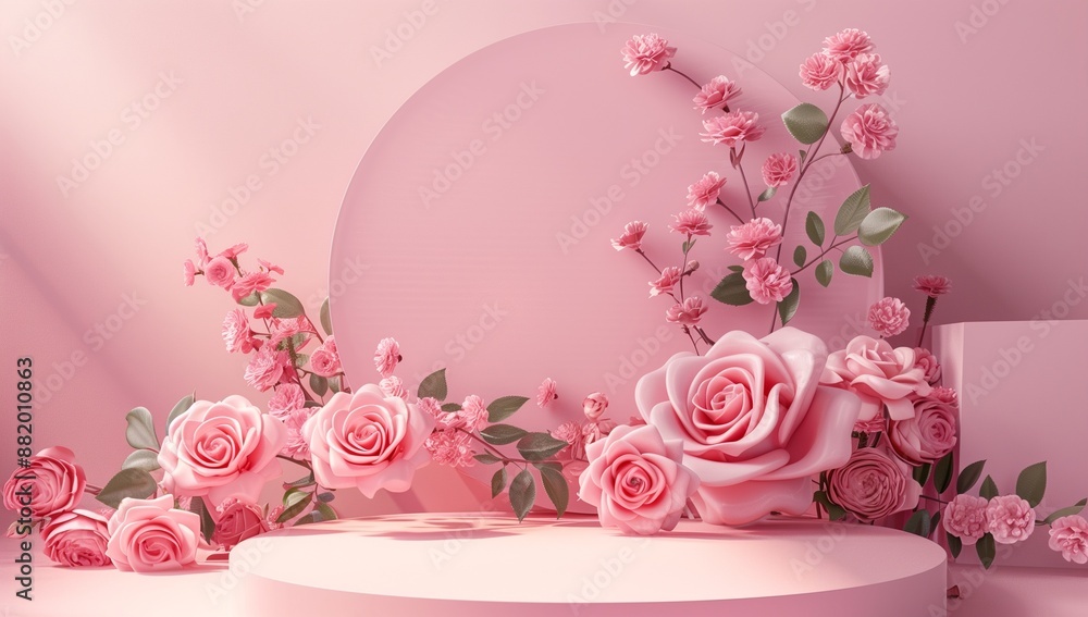 Poster 3d rendering of rose flowers and a pink podium for product display or presentation with copy space